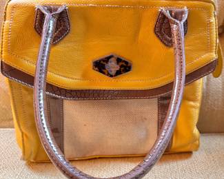 Nine West Mustard Leather Tote with Croc Embossed Trim