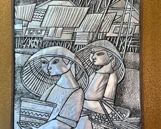 Embossed Aluminum Southeast Asian Village Wall Art Panel