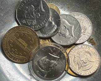 1996 Fiji 50 Cents (rhinoceros), 1972 Kennedy Half Dollar, Kennedy Half Dollar (reverse), 1971 Kennedy Half Dollar (in capsule), France 20 Euro Cent, Spain 20 Euro Cent, Euro coin, 2000 Sacagawea Dollar (reverse).