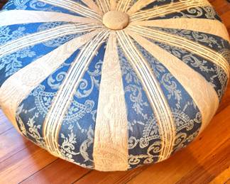 Round Tufted Upholstered Floor Pouf Ottoman, Blue & Cream Damask