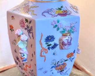 Chinese Famille Rose Hexagonal Porcelain Vase with Applied Floral Decoration