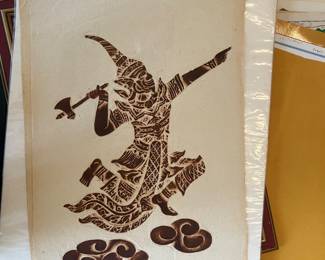 Thai Temple Rubbing on Rice Paper Depicting Mythological Warrior