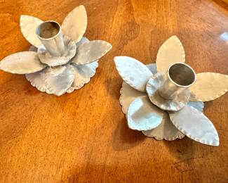 Hammered Aluminum Floral Chamberstick Candlesticks (Pair)