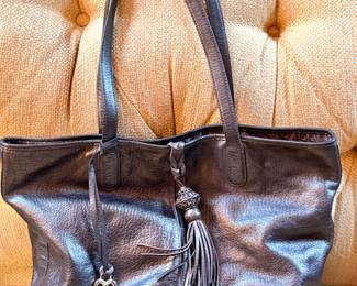 Brighton Black Leather Tote Handbag with Tassel Charm