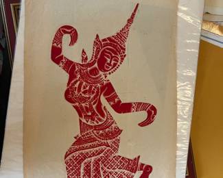 Thai Temple Rubbing on Rice Paper Featuring Dancer