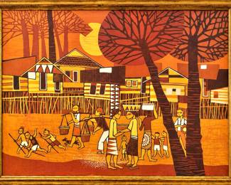 Southeast Asian Batik Village Scene Painting in Gold Frame