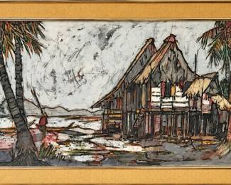 S. Keng Original Malaysian Batik Painting – Rustic Stilt House Village Landscape Framed Art