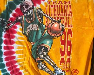 Vintage 1996 Team Lithuania Basketball Tie Dye Skeleton T-Shirt Grateful Dead Olympics