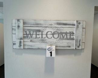 Lot #28 Rustic Farmhouse Welcome Sign Whitewashed Wood Plank Wall Decor Gray Scroll