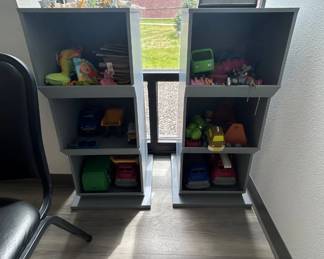 Lot #20 Lot of 2 Gray Wood 3-Tier Toy Storage Shelf Units Pair + Large Lot Kids Toys Trucks