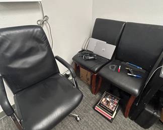 Lot #29 Office Deak Chair and Set of 2 Black Faux Leather Parsons Dining Side Chairs Dark Wood Legs Modern
