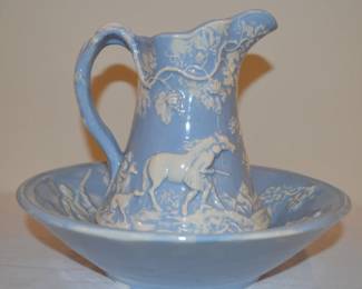 Blue and white wash basin and pitcher