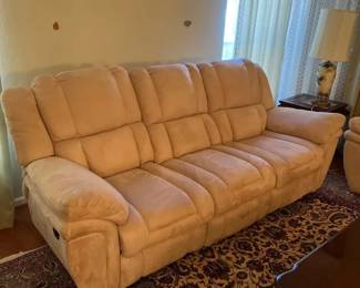 Plush Beige Microfiber Reclining Sofa 3 Seat Double Recliner