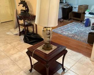Carved Wooden Twotier End Table With Vintage Lamp