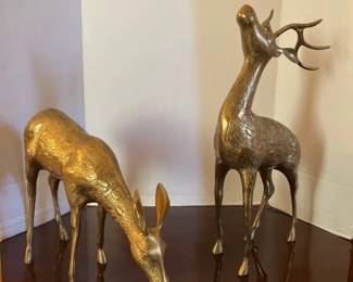 Pair Of Large Vintage Brass Deer Figurines