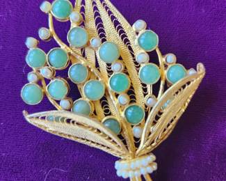 Vintage Chinese Pin with Jade and Pearls