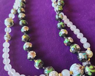 Cloisonne Bead Necklace and Cloisonne and Rose Quartz Necklace.