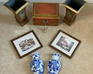 Decorative Home Accents with Blue White Vases and Painted Storage Box