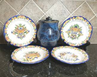 HandPainted Portuguese Faience Plates Signed Art Pottery Jar