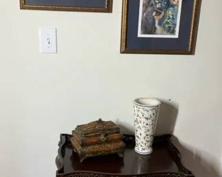 Tea Tray Table with Framed Artwork, Vase, and Trinket Box