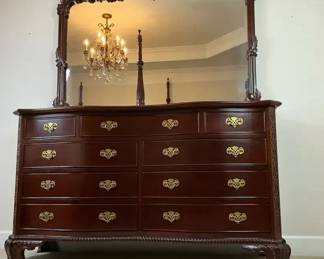 Ornate CherryFinish Dresser with Carved Mirror and 9 Drawers