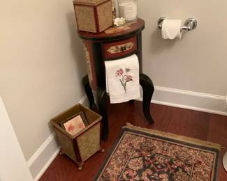 Painted Bathroom Storage Cabinet with Wastebasket and Nourison Wool Accent Rug