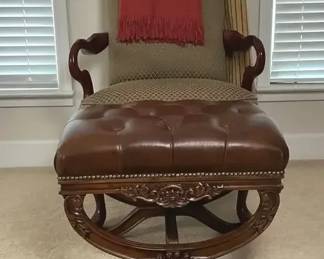 Tufted Leather Accent Chair with Decorative Rug and Throw