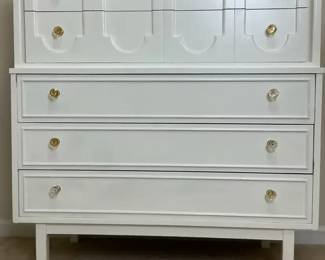 MidCentury White High Chest with BrassTone Pulls