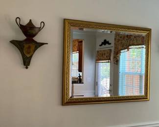 Gold Framed Wall Mirror with Pair of Decorative Wall Shelves and Artwork