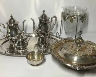 Silverplate Coffee and Tea Service with Serving Pieces and Glass Ice Bucket