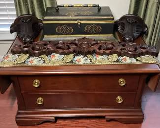 Wood Rolling Keepsake Chest with Carved Wood Decor and Keepsake Box