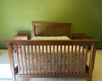 Mission Style Oak Queen Bed Frame with Matching Nightstands