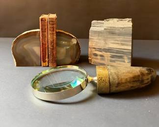 Vintage Agate Bookends, Petrified Wood, Magnifier Antique Books
