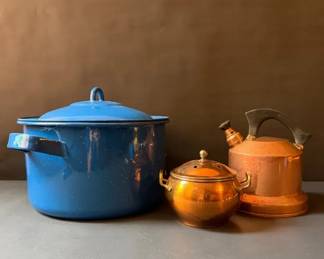 Vintage Enamel Stock Pot, Copper Pot Tea Kettle
