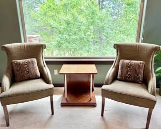 Pair of Drexel Heritage Upholstered Accent Chairs with Drexel Heritage End Table