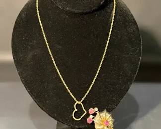 Gold Filled Heart Necklace Rhinestone Brooch