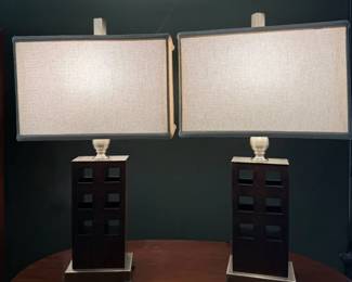 Pair of Contemporary Table Lamps with Wood Brushed Metal Bases