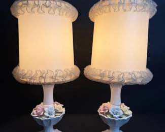 Pair of Vintage Porcelain Rose Boudoir Table Lamps with Ruffled Shades