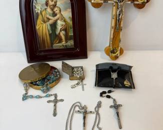 Religious Devotional Collection with Rosaries, Crucifixes St. Joseph Wall Art