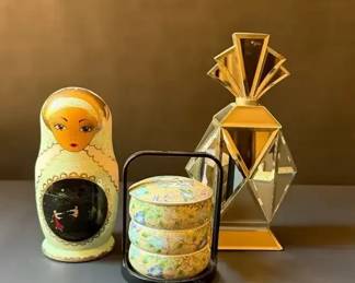 Vintage Nesting Dolls, Floral Trinket Box Mirrored Jar