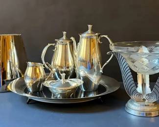 Vintage Silverplate Tea Set, Vase Glass Compote