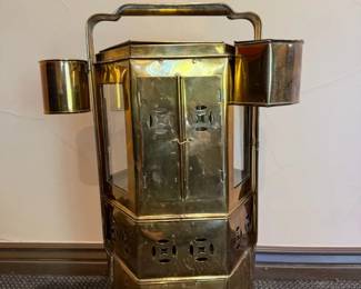 Antique Brass Hexagonal Candle Lantern with Side Match Holders