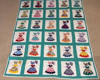 Vintage Sunbonnet Sue Applique Quilt Handmade Patchwork Quilt Turquoise Border