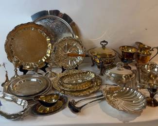 Large Assortment of Silverplate Serving Trays, Hollowware Table Accessories