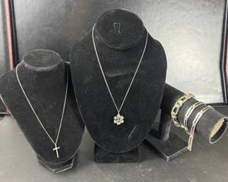 Sterling Silver Jewelry Collection w Cross Rose Necklaces, Mexico Bracelets, 96.37g