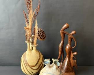 2 Art Pottery Vases Abstract Wood Sculpture