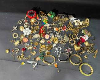 Vintage Costume Jewelry Mystery Lot Pins, Bracelets More