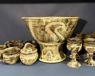 Studio Pottery Set w 22 Goblets, 12 Mugs, Bowl, Creamer Sugar Pot