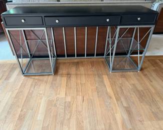 Drexel Heritage Modern Console Table with Glass Shelves Storage Drawers