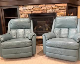 Pair of Vintage Blue Leather Recliner Lounge Chairs by Action Industries